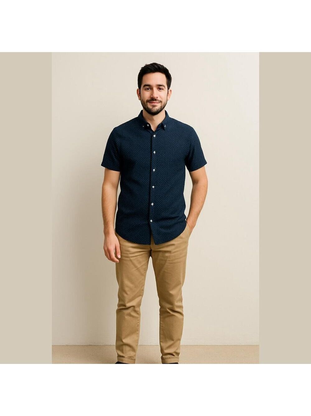Zara Man Navy Blue White Polka Dot Slim Fit Button-down Shirt Size L